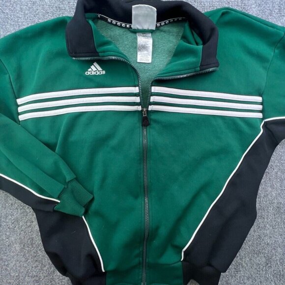 Adidas Sweatshirt Men's Small Green Striped Full Zip Soccer Athletic Wear - Picture 1 of 15
